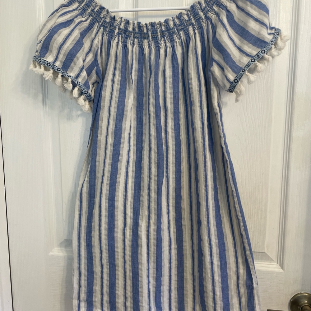 UMGEE Small  Bee Balm Blue White Dress Boho Cottagecore Tassels Embroidered Trim